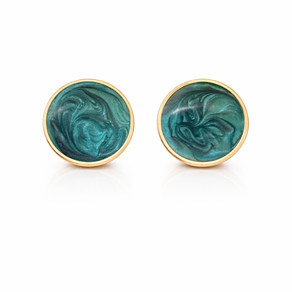 Vintage Napier Clip-On Earrings‎ Signed "N" Teal Swirl Enamel Gold Tone